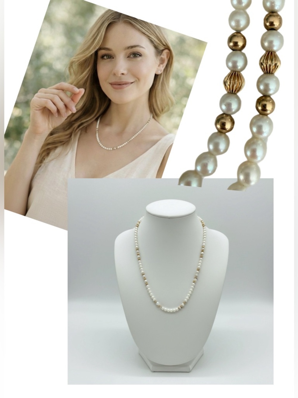 Classic Pearl necklace w/ Gold Beads - Picture 4 of 16